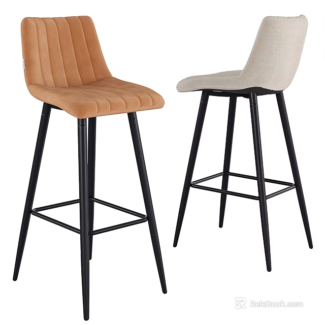 Stylish Orange Velvet And Beige Upholstered Bar Stools With Black Metal Legs And Crossed Support 3d model 
