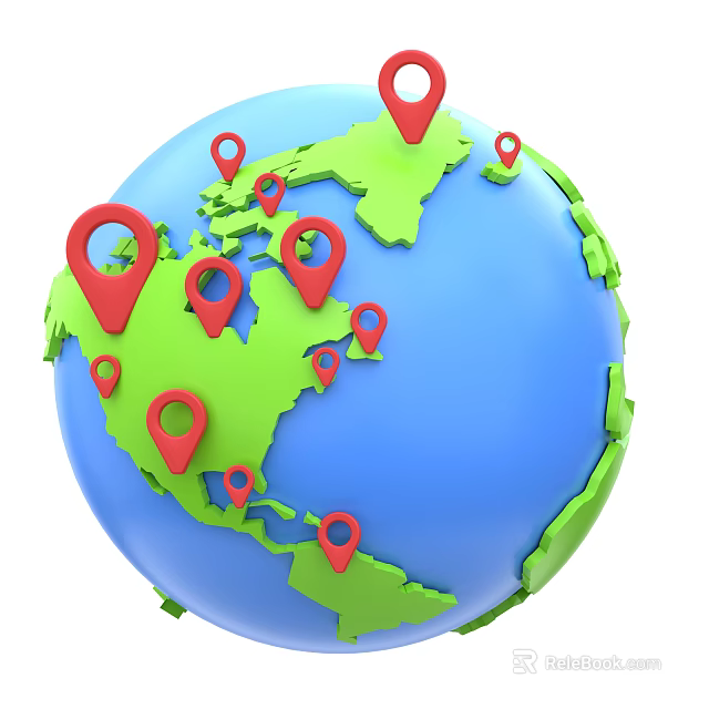 Decorative Ornament Set Featuring Globe with Green Continents and Red Location Pins 3d model 