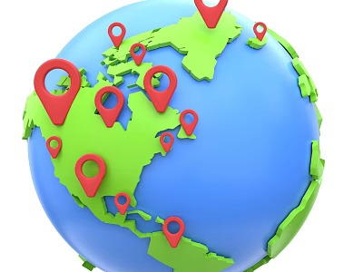 Decorative Ornament Set Featuring Globe with Green Continents and Red Location Pins 3d model