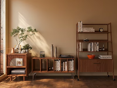 Warm Wooden Sideboards With Open Shelves Books Decorations Potted Plant And Natural Light 3d model