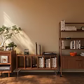 Warm Wooden Sideboards With Open Shelves Books Decorations Potted Plant And Natural Light