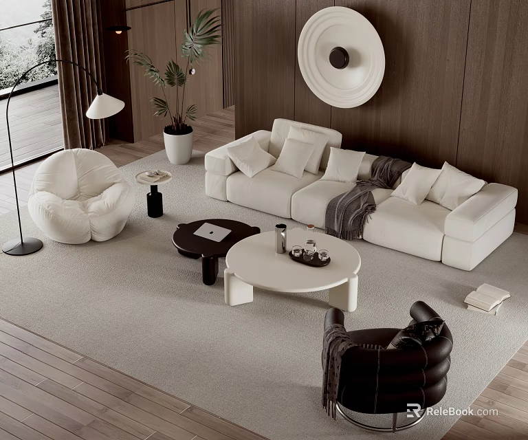 Modern White Sofa and Coffee Table Set in Living Room with Cushions and Floor Lamp 3d model 