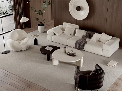 Modern White Sofa and Coffee Table Set in Living Room with Cushions and Floor Lamp 3d model