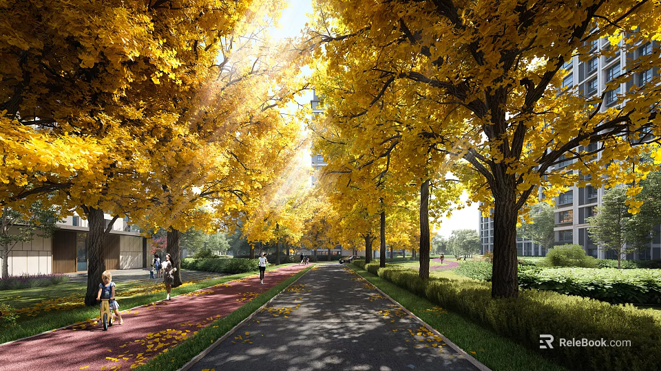 Municipal Road Lined With Golden Ginkgo Trees Sunlight Pedestrians Red Walkway And Green Belts 3d model 