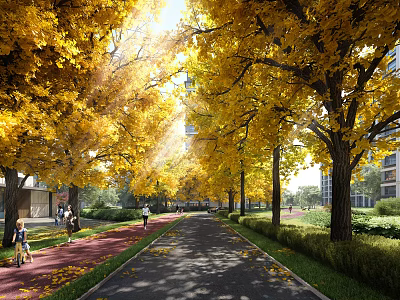 Municipal Road Lined With Golden Ginkgo Trees Sunlight Pedestrians Red Walkway And Green Belts 3d model