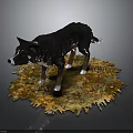 Realistic Dog Sculpture Standing On Ground With Dry Leaves Small Stones And Dark Background