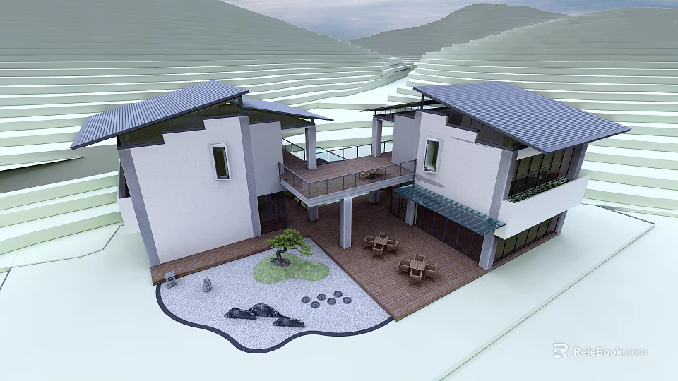 Modern White Homestay Building With Courtyard Wooden Terrace Tables Chairs And Mountain Landscape 3d model 