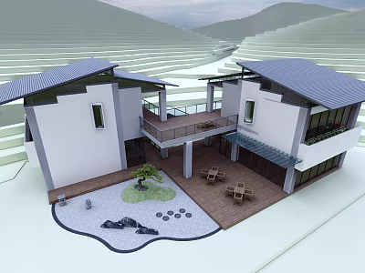 Modern White Homestay Building With Courtyard Wooden Terrace Tables Chairs And Mountain Landscape 3d model