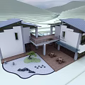 Modern White Homestay Building With Courtyard Wooden Terrace Tables Chairs And Mountain Landscape