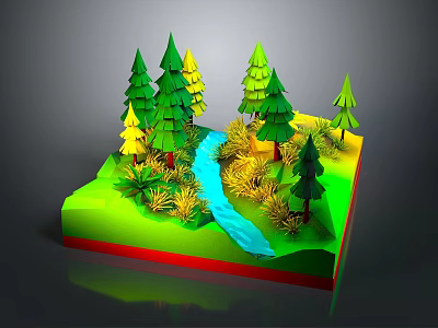 Natural Scenery Model With Green Pine Trees Blue Stream And Yellow Plants 3d model