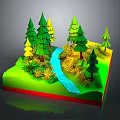 Natural Scenery Model With Green Pine Trees Blue Stream And Yellow Plants