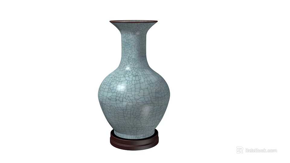 Elegant Celadon Ceramic Vase With Crackle Glaze Pattern On Dark Wooden Base Decor 3d model 