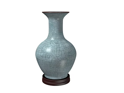 Elegant Celadon Ceramic Vase With Crackle Glaze Pattern On Dark Wooden Base Decor 3d model