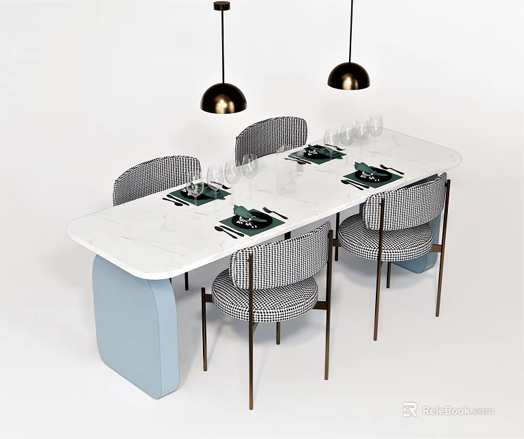 Dining Table Set With White Tabletop Light Blue Base And Gray Striped Chairs 3d model