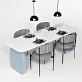 Dining Table Set With White Tabletop Light Blue Base And Gray Striped Chairs 3d model