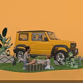 Family Enjoying Camping Picnic With Yellow SUV And Outdoor Nature Setup
