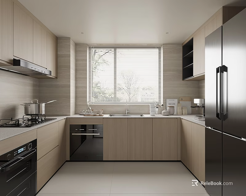 Modern Kitchen Interior With Light Wood Cabinets Stainless Steel Appliances And Window Blinds 3d model 