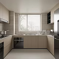 Modern Kitchen Interior With Light Wood Cabinets Stainless Steel Appliances And Window Blinds