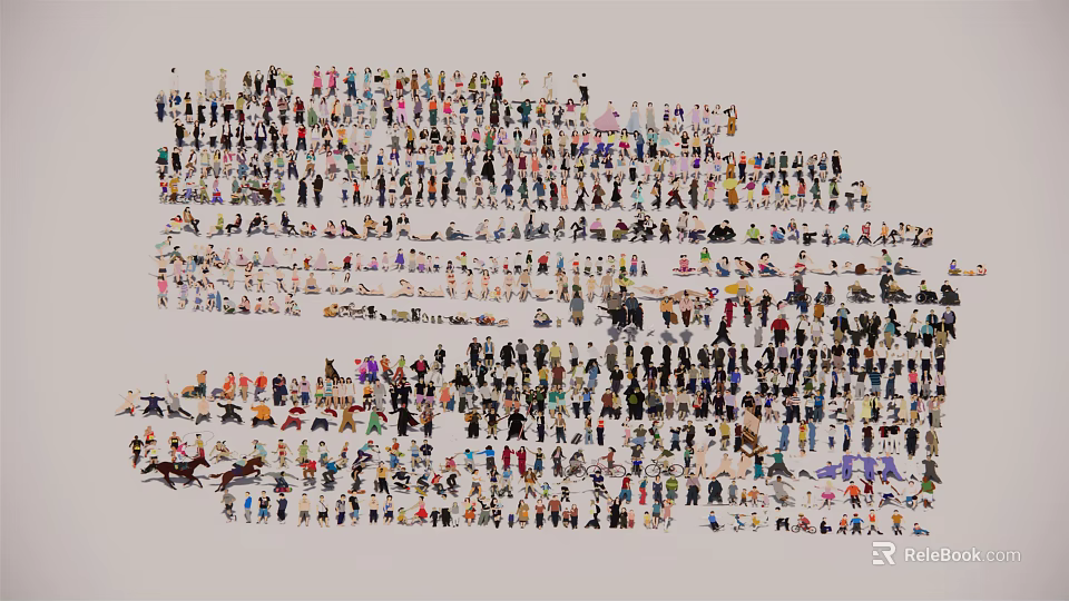 Large Group of People With Diverse Attire Standing Together in Public Area 3d model 