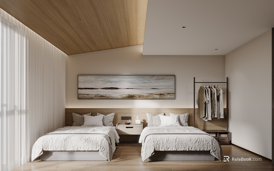 Hotel Guest Room with Twin Beds Wooden Headboard Landscape Painting Clothing Rack and Natural Tones 3d model 