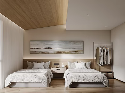 Hotel Guest Room with Twin Beds Wooden Headboard Landscape Painting Clothing Rack and Natural Tones 3d model
