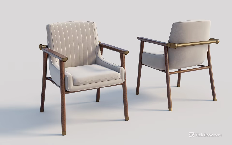 Modern Upholstered Dining Chairs With Striped Backrest Armrests And Wooden Legs 3d model 