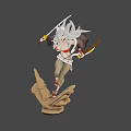 Game Movie Character With Long Silver White Hair Holding Two Swords On Palm Shaped Base