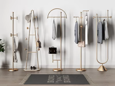 Golden Clothes Racks With Various Designs Hanging Clothes Hats Bags And Shoes In Home Decor 3d model