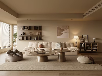 Modern Living Room Interior With Beige Sofa Coffee Tables Bookshelves And Area Rug 3d model
