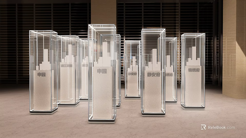 Art Installation With Transparent Acrylic Columns Featuring City Silhouette And Chinese Characters 3d model 