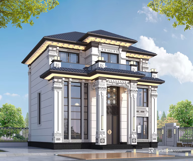 Neoclassical Detached Villa Exterior Featuring White Facade Black Roof Balcony And Columns 3d model 