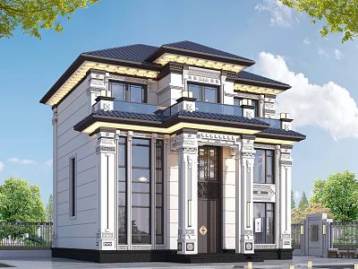 Neoclassical Detached Villa Exterior Featuring White Facade Black Roof Balcony And Columns 3d model
