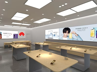 Modern Digital Store Interior Design With Smartphones Display Counters And Brand Posters 3d model