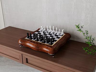Wooden Chessboard Play Equipment With Black White Pieces On Cabinet And Green Plant 3d model