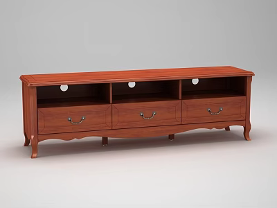 Classic Wooden TV Stand With Red Finish Three Drawers And Curved Legs 3d model