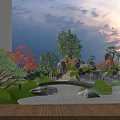 Tranquil Japanese Garden With Wooden Deck Stone Bridge Red Maple Pine Trees And Sunset Sky