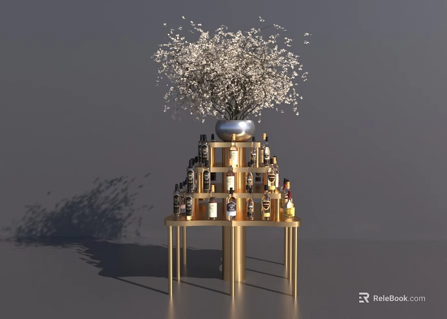 Gold Multi tiered Liquor Cabinet With White Flower Vase And Various Liquor Bottles 3d model 