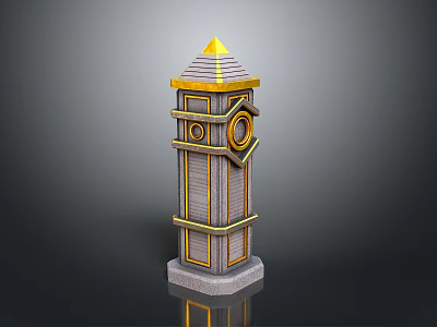 Decorative Tower Structure With Golden Spire Gray Layered Body And Circular Decorations 3d model