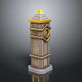 Decorative Tower Structure With Golden Spire Gray Layered Body And Circular Decorations