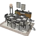 Modern Dining Table Set With Chairs Tableware Vase Plant And Wall Art 3d model