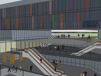 Vibrant Multi Level Commercial Street Featuring Escalators People Walking And Colorful Facades 3d model