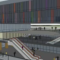 Vibrant Multi Level Commercial Street Featuring Escalators People Walking And Colorful Facades