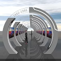 Curved Event Gateway With Year Timeline Digital Display Screens And Exhibition Images For Visitors