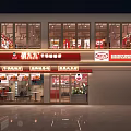 Nighttime Restaurant Exterior With Bright Red And White Neon Signage Large Windows And Visible Interior Tables
