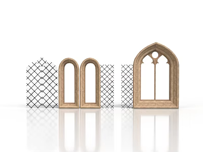 Wooden Window Frames With Different Arched Designs Decorative Grilles And White Background Reflections 3d model
