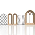 Wooden Window Frames With Different Arched Designs Decorative Grilles And White Background Reflections