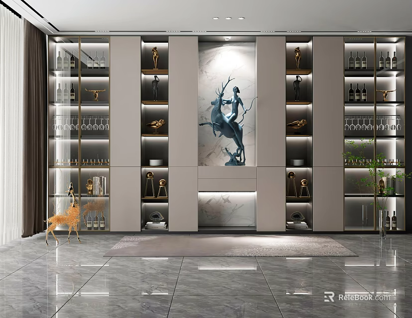 Modern Interior Design Featuring Stylish Storage Shelving Unit With Glass Doors Decorative Items Wine Glasses And Artwork 3d model 