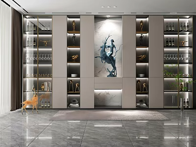 Modern Interior Design Featuring Stylish Storage Shelving Unit With Glass Doors Decorative Items Wine Glasses And Artwork 3d model