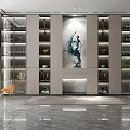 Modern Interior Design Featuring Stylish Storage Shelving Unit With Glass Doors Decorative Items Wine Glasses And Artwork
