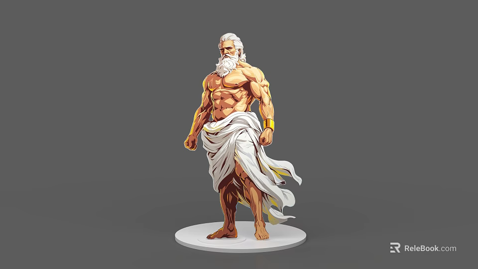 Muscular White Bearded Game Movie Character in Flowing White Cloth Standing on Base 3d model 